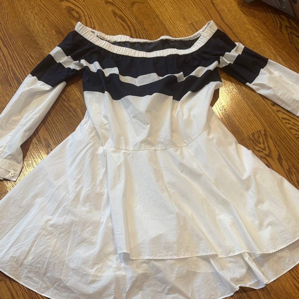 10 Crosby Derek Lam Off-Shoulder Blue and White Mini Dress